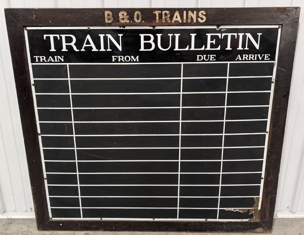 Large Early SSP B&O Railroad Baltimore & Ohio Train Bulletin Board Sign: Incredible early single sided porcelain Baltimore & Ohio Railroad Train Bulletin Board with original wood frame. Has porcelain loss, paint loss on wood frame, weathering to wood frame, and other wear