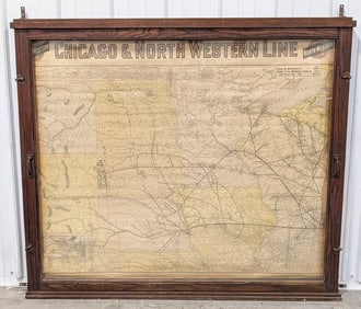 Large 4-1/2ft Vintage Chicago & Northwestern Line Railroad Tran Station Map In Oak Display Case