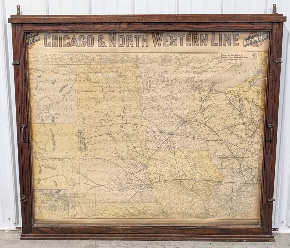 Large 4-1/2ft Vintage Chicago & Northwestern Line Railroad Tran Station Map In Oak Display Case: Incredible vintage Chicago & North Western Line railroad train station map in original train station oak display case with glass front. Map has fading, some edge tears, and other damage and wear from