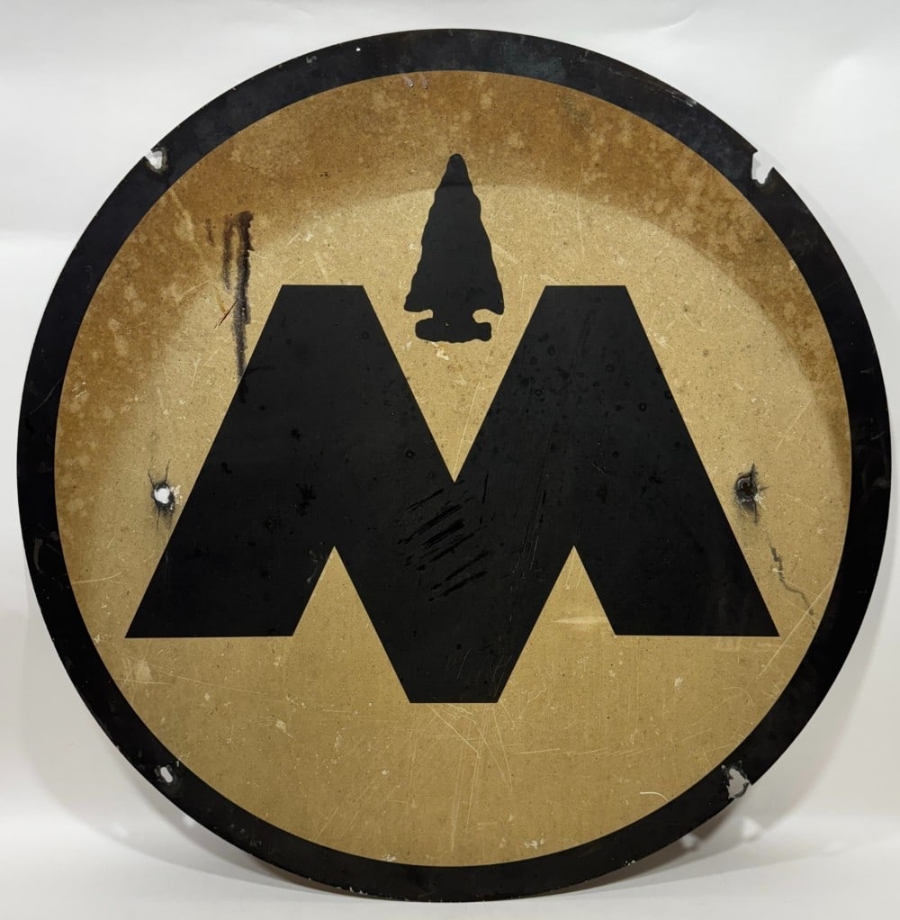 3ft Vintage SST Monon Railroad Hoosier Line Advertising Sign: Large vintage single sided metal Monon Hoosier Line Railroad advertising sign. Appears to be in good condition with some paint loss, scratches, damaged / extra mounting holes, and other wear from use