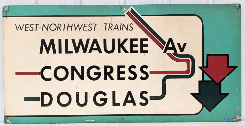 4ft Vintage DST Chicago CTA "L" Train Station Sign: Vintage double sided metal Chicago CTA "L" train station sign . Appears to be in good condition with paint loss, discoloration, scratches, and wear from use and age. It measures approximately 4ft acro