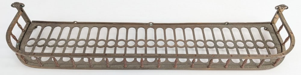 Vintage Brass Railroad Passenger Car Luggage Rack: Vintage ornate brass Railroad Passenger car luggage rack shelf. Has dullness, tarnish, oxidation, putting, other wear from use and age. It measures approximately 28-1/2in across.