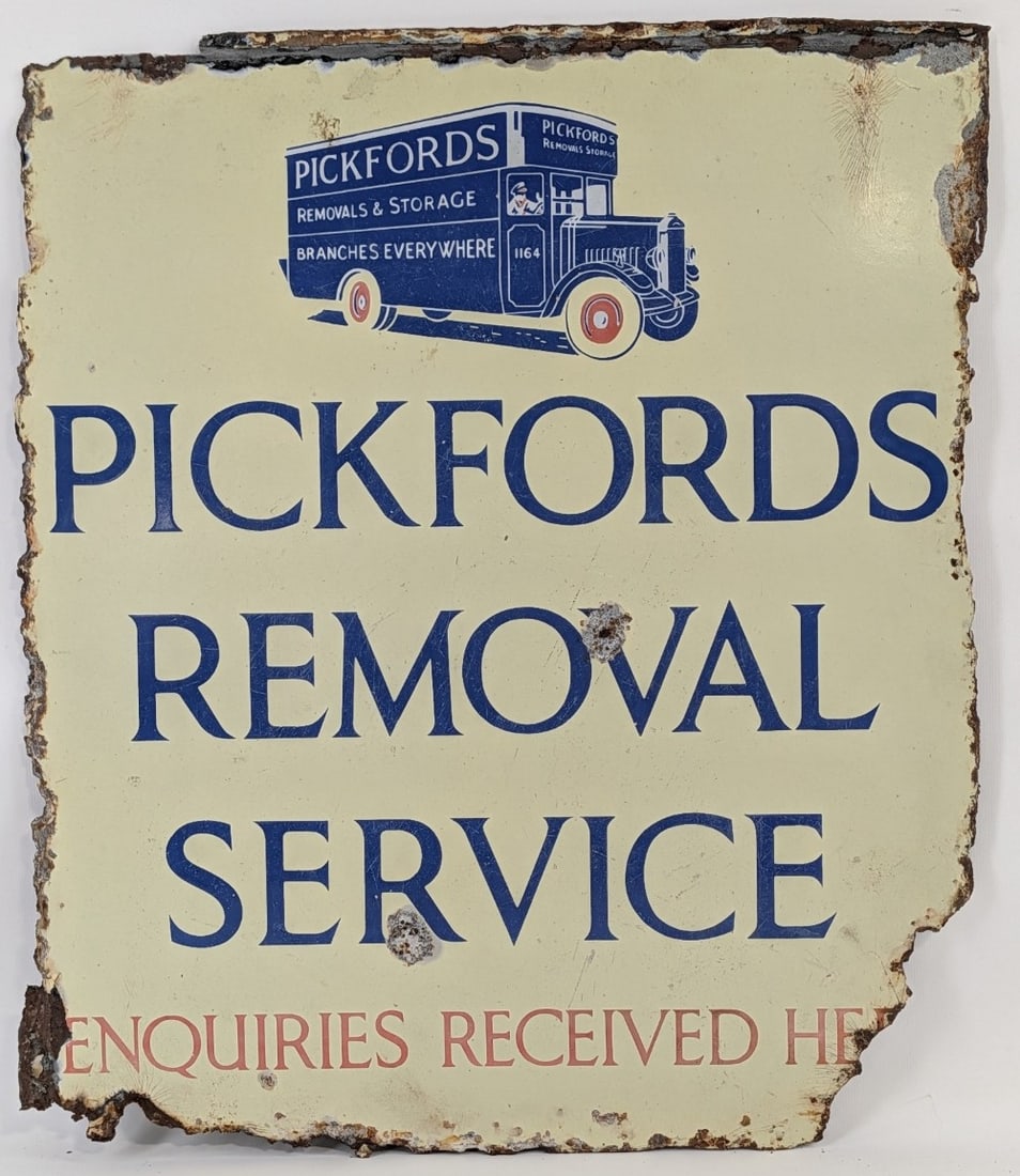 Vintage SSP Pickfords Removal Service Sign: Unique vintage single sided porcelain Pickfords Removal Service advertising sign. Has porcelain loss, edge damage, and other wear from use and age. Still displays very well with Removal van graphics.