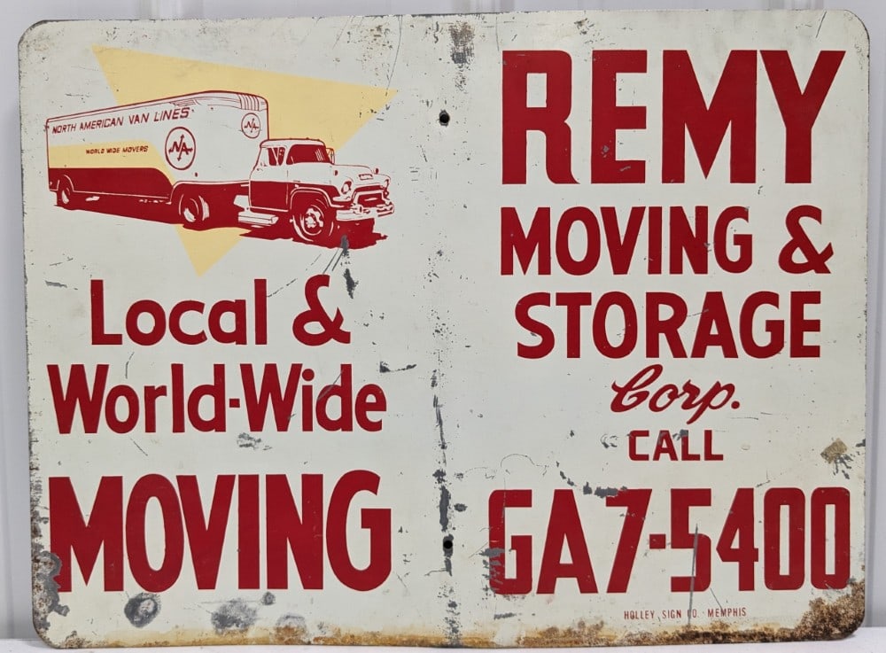 Vintage DST North American Van Lines Remy Moving & Storage Sign: Vintage double sided metal North American Van Lines Remy Moving & Storage advertising sign by Holley Sign Co. Has paint loss, surface rust, and wear from use and age. Displays very well with moving