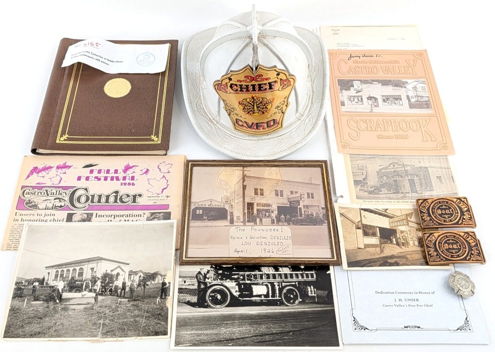 Castro Valley Cal Fire Dept Cheif Helmet w/ History: Incredible original vintage Castro Valley California Fire Department Chief's Helmet , badge, and more belonging to ( 3-Time Indianapolis 500 Winner) Bobby Unser's father Jerry Unser who was the first