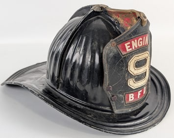 Early Cairns & Brother Metal BFD Engine 9 Fire  Helmet w/ Leather Badge