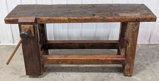 Early Primitive Wooden Carpenter's Works Bench w/ Vise  / Wood Working