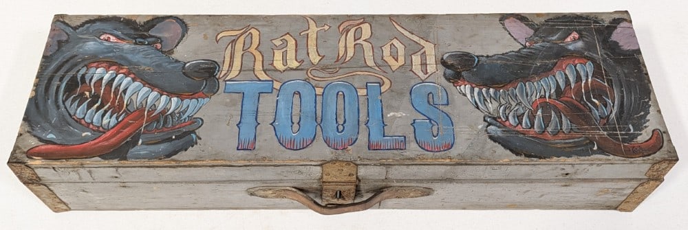 Custom Painted Rat Rod Tools Vintage Wood Tool Box: Unique vintage custom hand paint Rat Rod Tools wood tool chest. Tool box has paint loss, surface rust on metal hardware, weathering to leather strap, and other wear form use and age. Displays well wit