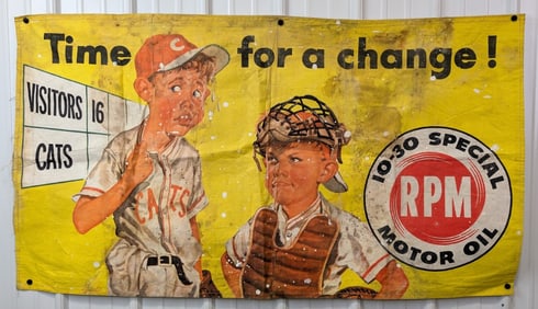 5ft Vintage RPM Motor Oil Baseball Pitching Change Canvas Banner