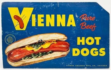 Vintage Chicago Vienna Beef Hot Dogs Easel Back Countertop Advertising Sign