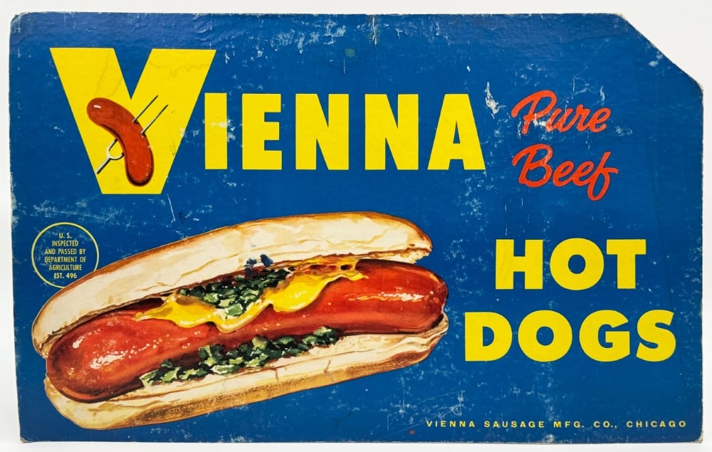 Vintage Chicago Vienna Beef Hot Dogs Easel Back Countertop Advertising Sign (1 of 7)