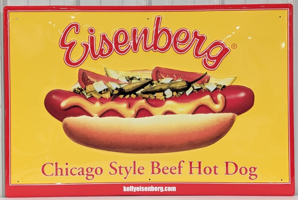 SST Eisenberg Chicago Style Beef Hot Dog Embossed Sign: Single sided embossed metal Eisenberg Chicago Hot Dog advertising sign. Appears to be in excellent condition with light wear from storage. Measures approximately 35-1/2in across by 23-1/2in tall.