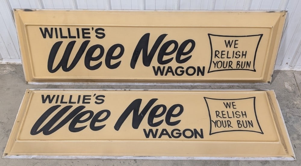 2) 6ft Vintage Willie's Wee Nee Wagon Lexon Advertising Signs (1 of 12)