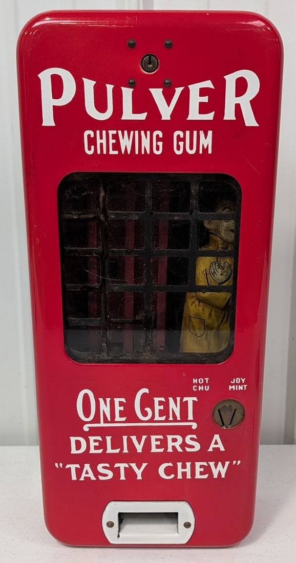 Vintage Porcelain Pulver 1 Cent Mechanical Yellow Kid Gum Vendor / Gum Machine: Vintage Pulver 1¢ mechanical yellow kid gum wall mount vending machine. Appears to be in good original unrestored cosmetic condition. Does have some porcelain loss, paint loss, scratches, and other w