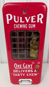 Vintage Porcelain Pulver 1 Cent Mechanical Yellow Kid Gum Vendor / Wall Gum Machine