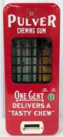 Vintage Porcelain Pulver 1 Cent Mechanical Yellow Kid Gum Vendor / Wall Gum Machine