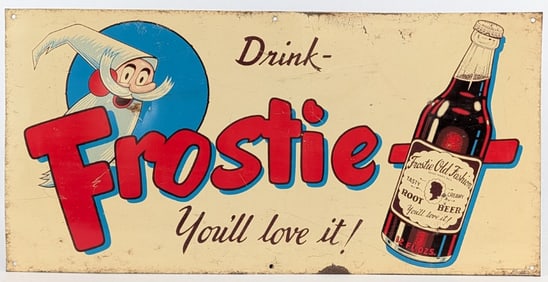 Vintage SST Frostie Root Beer Advertising Sign w/ Bottle Graphics