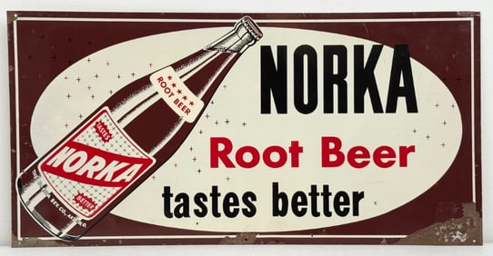 Vintage SST Norka Root Beer Advertising Sign w/ Bottle Graphic