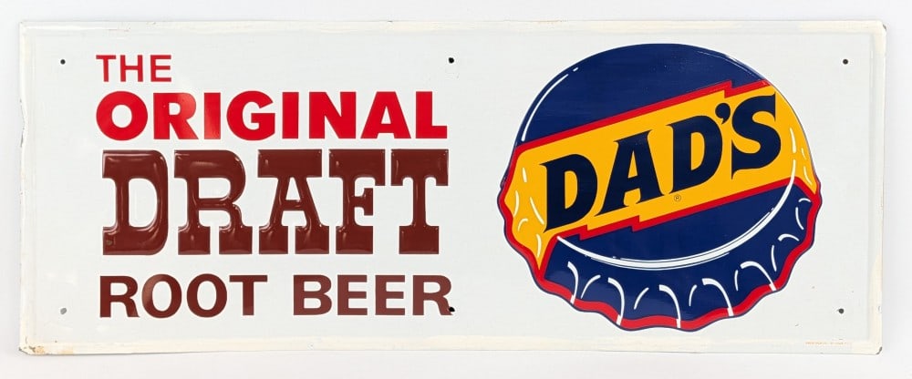 Vintage SST Dad's Root Beer Embossed Advertising Sign w/ Graphic: Vintage single sided tin Dad's Draft Root Beer embossed advertising sign with bottle cap graphics. The sign has paint touchups around the perimeter. The field of the sign is fairly clean overall with