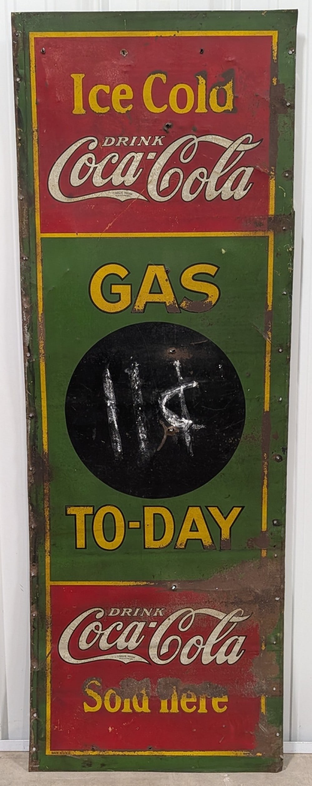 Early SST Coca-Cola Gas Today Advertising Sign: Early single sided tin Coca-Cola Gas Today advertising sign. Has paint loss, rust, extra mounting holes, and wear from use and age. Displays well with a great patina. It measures approximately 55-1/2i