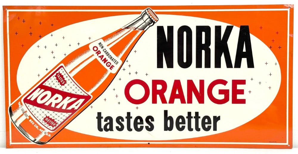 Vintage SST Norka Orange Soda Advertising Sign w/ Bottle Graphic: Vintage single sided tin Norka Orange soda advertising sign. Has some scratches, discoloration, bends on corners, and other wear from display and age. Displays well with great color and bottle