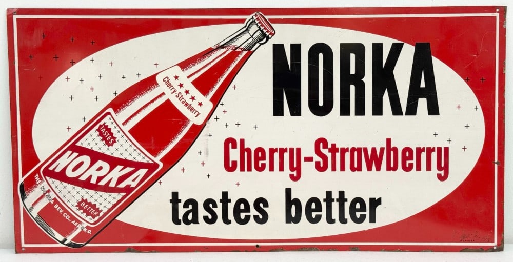 Vintage SST Norka Cherry-Strawberry Soda Advertising Sign w/ Bottle Graphic: Vintage single sided tin Norka Cherry-Strawberry soda advertising sign. Has scratches, discoloration, bends on corners, paint loss, and other wear from display and age. Displays well with great color