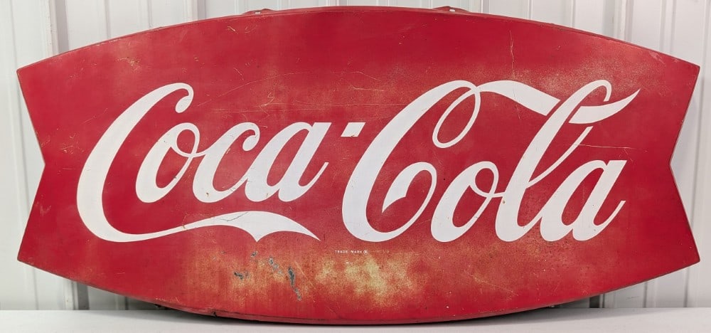 3-1/2ft Vintage SST Coca-Cola Fishtail Sign / Soda: Vintage single sided metal Coca-Cola Fishtail style advertising sign. Has paint loss, fading, scratches, and other wear from use and age. Measures approximately 3-1/2ft across by 19in tall.