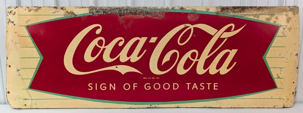 5-1/2ft Vintage SST Coca-Cola Fishtail Sled Sign / Soda: Large vintage single sided metal Coca-Cola fishtail sled style advertising sign. Has paint loss,? rust, discoloration, bends, and other wear from use and age. Measures approximately 68in across by