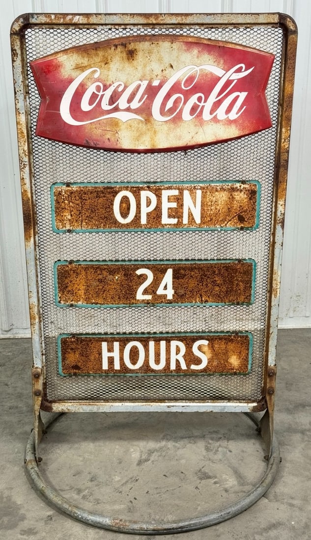 Vintage 2-Sided Coca-Cola Fishtail Curb Sign / Sidewalk Sign / Soda: Vintage double sided metal Coca-Cola fishtail style curb sign. It features eight single sided metal signs. Has paint loss, surface rust, and other damage / wear from use and age. Displays very well