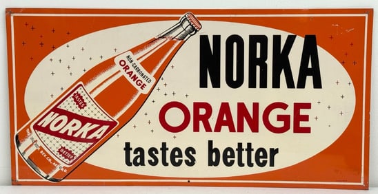 Vintage SST Norka Orange Soda Advertising Sign w/ Bottle Graphic