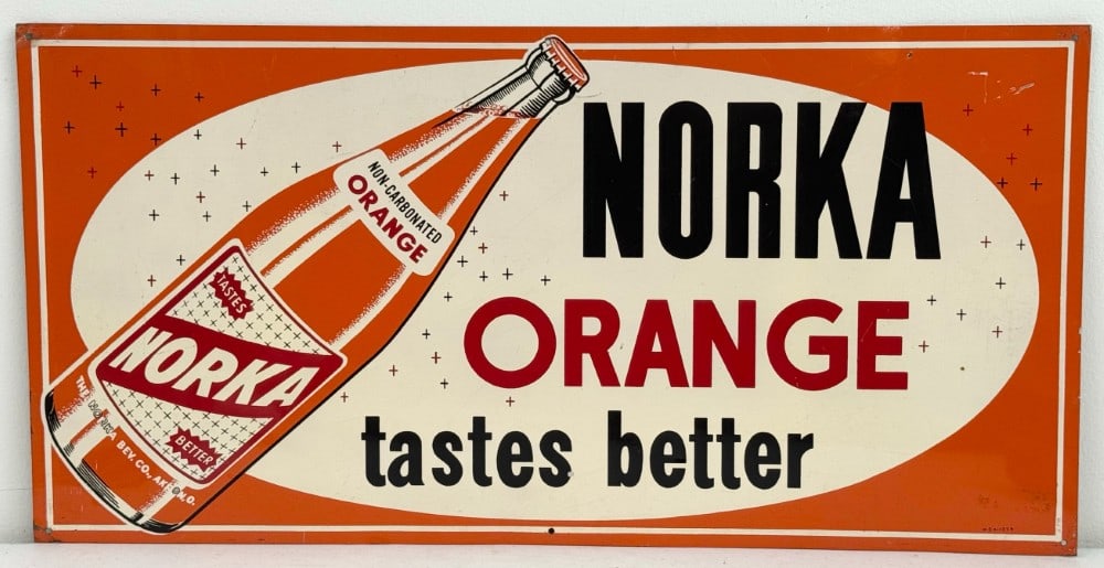 Vintage SST Norka Orange Soda Advertising Sign w/ Bottle Graphic: Vintage single sided tin Norka Orange soda advertising sign. Has some scratches, discoloration, bends on corners, and other wear from display and age. Displays well with great color and bottle