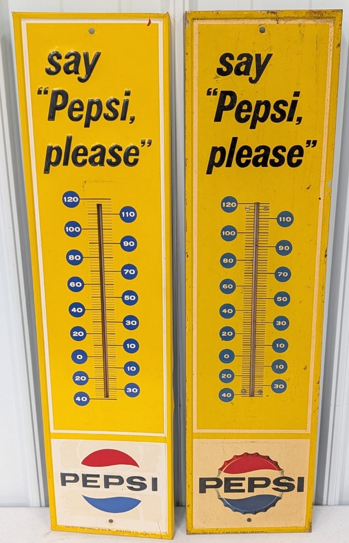 2) Vintage SST Pepsi Soda Advertising Thermometer Signs: Lot of two vintage single sided emboss metal Say Pepsi please advertising thermometers. They vary in age and condition with paint loss, discoloration, and other wear from use and age. They measure
