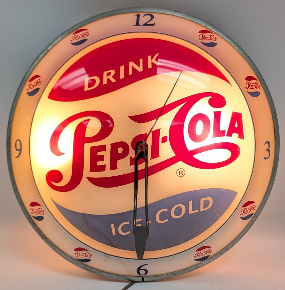 Pepsi-Cola Double Bubble Advertising Clock: Pepsi-Cola Soda double bubble glass advertising clock. Appears to be in good cosmetic condition with paint loss, surface rust, scratches, and wear to can. The access panels are both missing. Clock