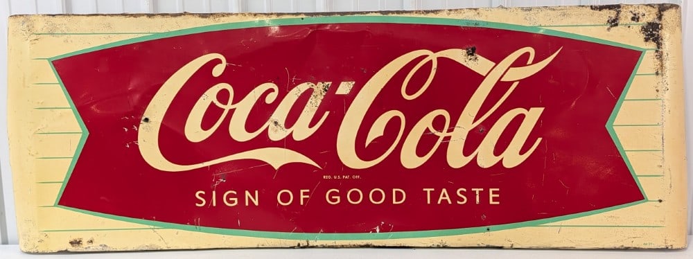 5-1/2ft Vintage SST Coca-Cola Fishtail Sled Sign / Soda: Large vintage single sided metal Coca-Cola fishtail sled style advertising sign. Has paint loss,? rust, discoloration, bends, and other wear from use and age. Measures approximately 68in across by