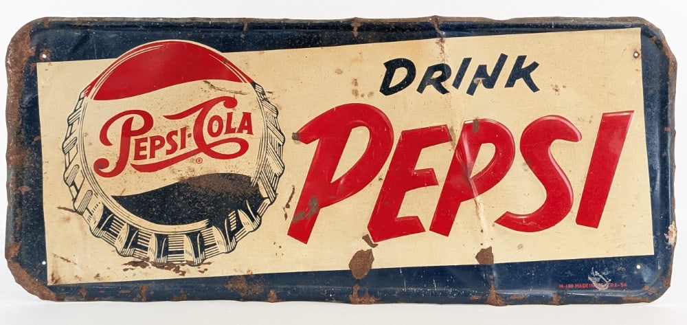 Vintage SST Pepsi- Cola Embossed Advertising Sign w/ Bottle Cap Graphic: Vintage single sided embossed tin Pepsi-Cola advertising sign. Has paint loss, rust, bends, and other wear from use and age. It measures approximately 28in across by 12in tall