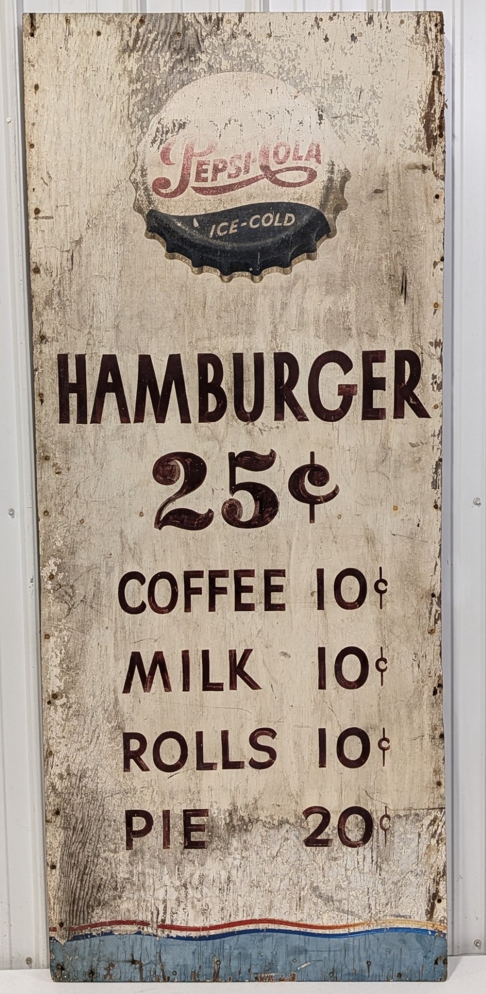 6ft Early SSW Pepsi-Cola Menu Sign / Hamburger 25?: Large unique original single sided wood Pepsi-Cola hand painted wooden menu board advertising sign. Has paint loss, weathering to wood, discoloration, and other wear from use and age. Paint appears