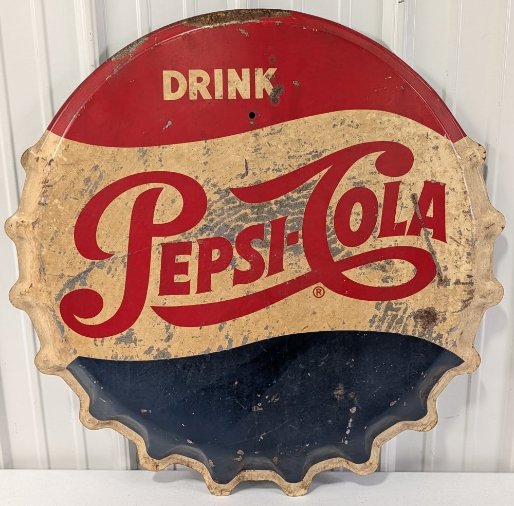 Vintage SST Pepsi-Cola Embossed Bottle Cap Sign: Vintage single sided metal Pepsi-Cola embossed bottle cap advertising sign. Has paint loss, surface rust, discoloration, and other wear from use and age. Displays well with a nice patina. Measures