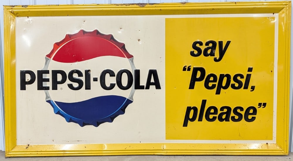5-1/2ft Vintage SST Pepsi-Cola Embossed Sign: Large vintage single sided embossed metal Pepsi-Cola advertising sign. Has some scratches, dents, rust damage along the top edge, and other wear from use and age. Displays well. It measures