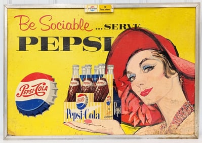 Vintage Pepsi-Cola 2-Sided Cardboard Sign w/ Frame