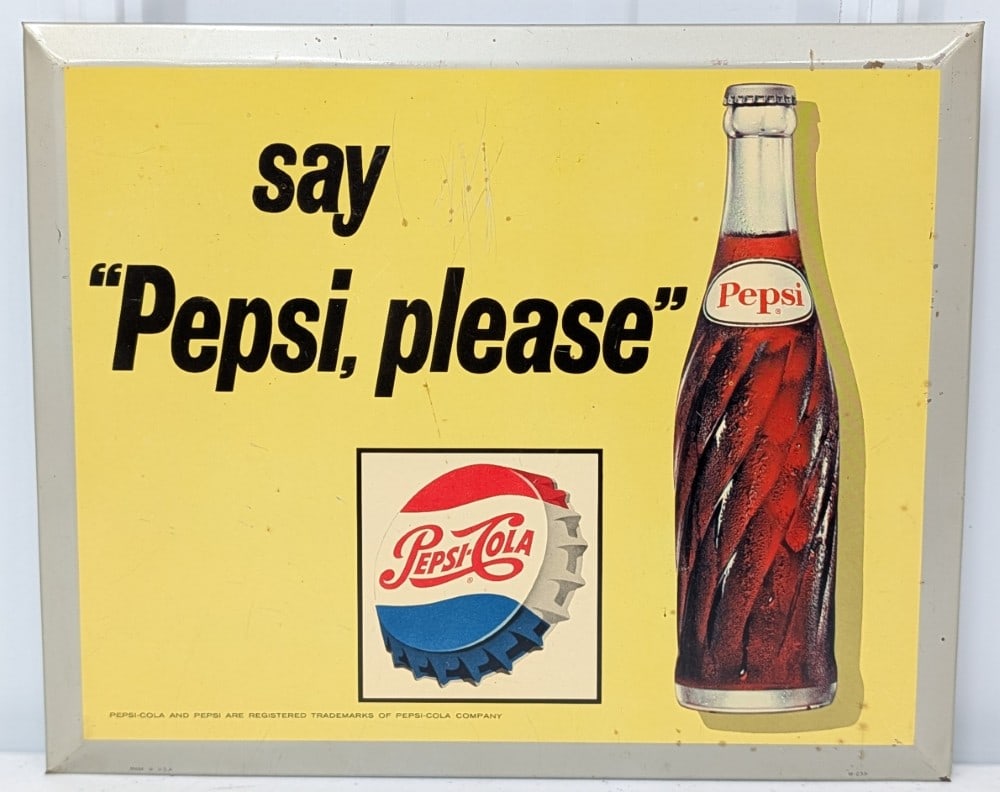 Vintage TOC Pepsi- Cola " Say Pepsi please" Countertop Sign: Vintage rin over cardboard Pepsi-Cola countertop advertising sign. Overall good condition with scratches, paint loss, and wear from use and age. It measures approximately 11in across by 9in tall.
