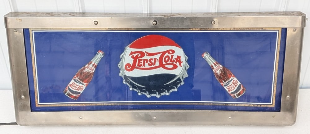 Over 3ft Custom Vintage Pepsi-Cola Lighted Sign: Unique custom Pepsi-Vola lighted advertising sign. It features an original vintage metal can and a replacement Pepsi-Cola plexiglass face. Overall good cosmetic condition with surface rust and