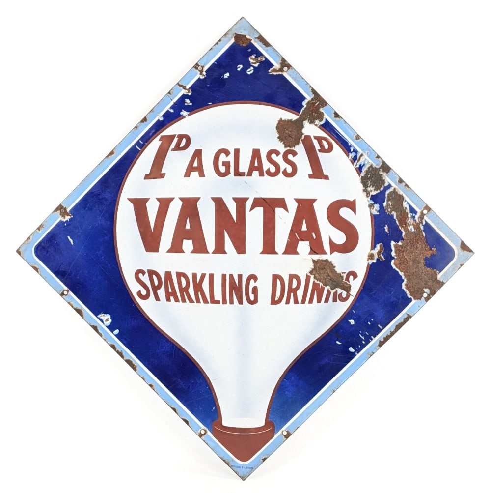 SSP Vantas Sparkling Drinks Advertising Sign (TAC): Vintage single sided porcelain Vantas Sparkling Drinks advertising sign. The sign shows porcelain chips, surface scratches, discoloration, and wear from use and age. The sign is marked "Jordan