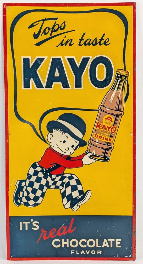 Vintage SST Kayo Chocolate Drink Embossed Advertising Sign: Vintage single sided embossed tin Kayo Chocolate Drink Advertising Sign. Appears to be in good condition with some scratches and wear from use and age. Displays very well with great colors and