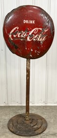 Vintage DSP Coca-Cola Lollipop Curb Sign w/ 2 Button Signs & Cast Iron Coca-Cola Base