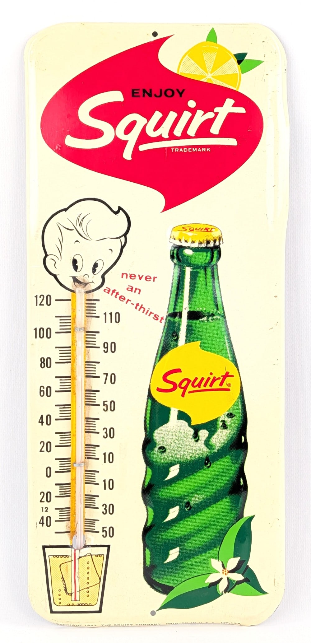 Vintage Enjoy Squirt Metal Advertising Thermometer: Vintage Enjoy Squirt metal advertising thermometer. The thermometer is marked Copyright 1963 The Squirt Company on the bottom edge. The thermometer shows some minor scratches, small rub marks, and lig