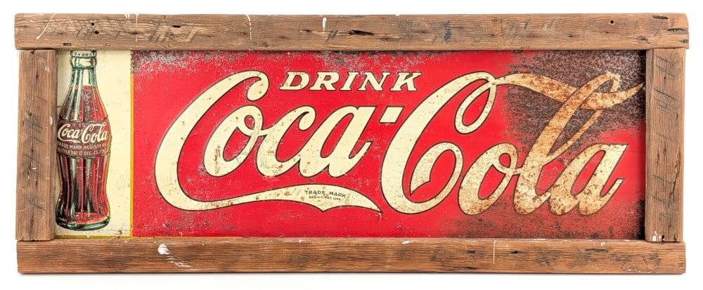 Vintage SST Drink Coca-Cola Advertising Sign w/ Graphic: Vintage single sided tin embossed Drink Coca-Cola advertising sign with bottle graphics. The sign was framed with old wood. The sign has heavy paint flaking, surface rust, damage to the one end, and w