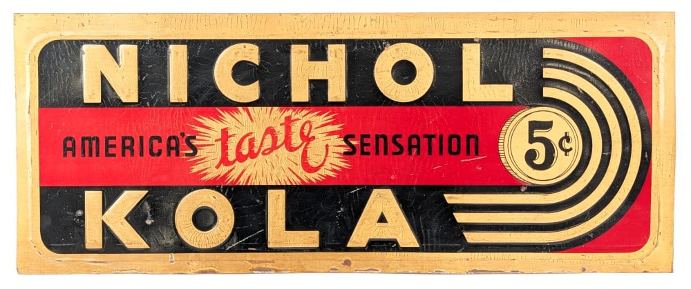 Vintage SST Nichol Kola Embossed Advertising Sign: Vintage single sided tin Nichol Kola "America's Taste Sensation" embossed advertising sign. The sign has paint loss, crazing, discoloration, and wear from use and age. The sign is marked Parker Metal