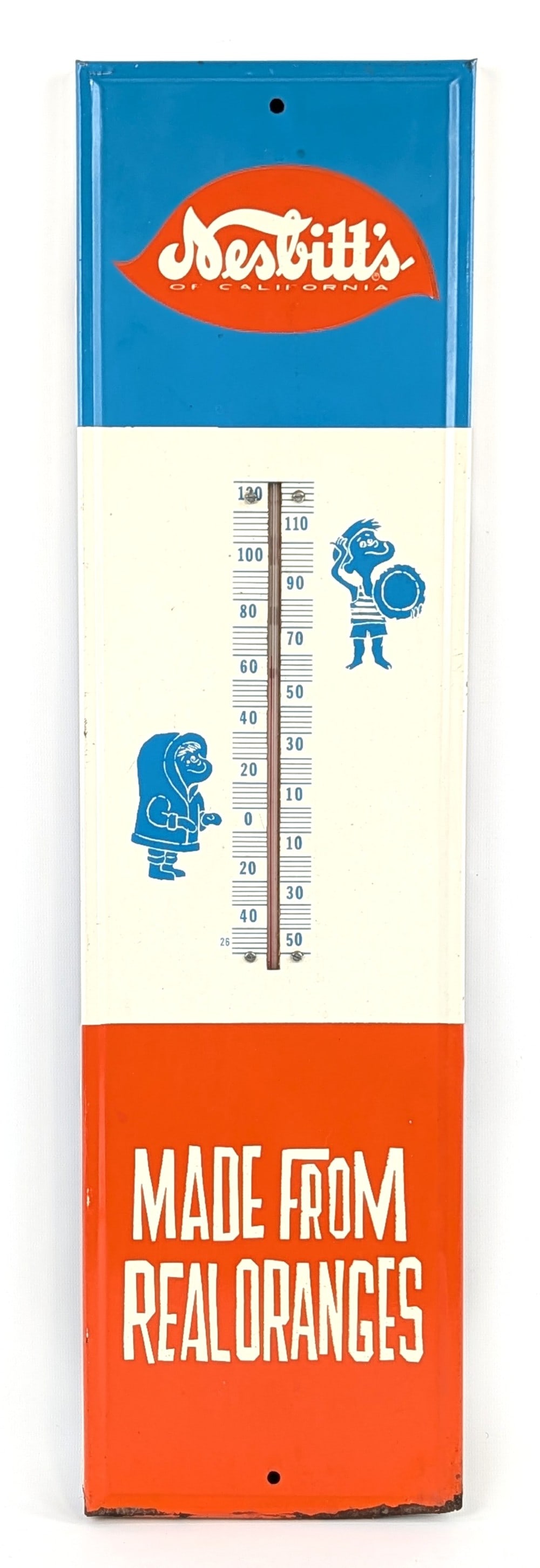 Vintage SST Nesbitt's Orange Soda Pop Advertising Thermometer: Vintage single sided tin Nesbitt's orange soda pop advertising thermometer. The thermometer has some damage to the bottom edge. The field is overall very clean with some minor scuff marks. Displays we