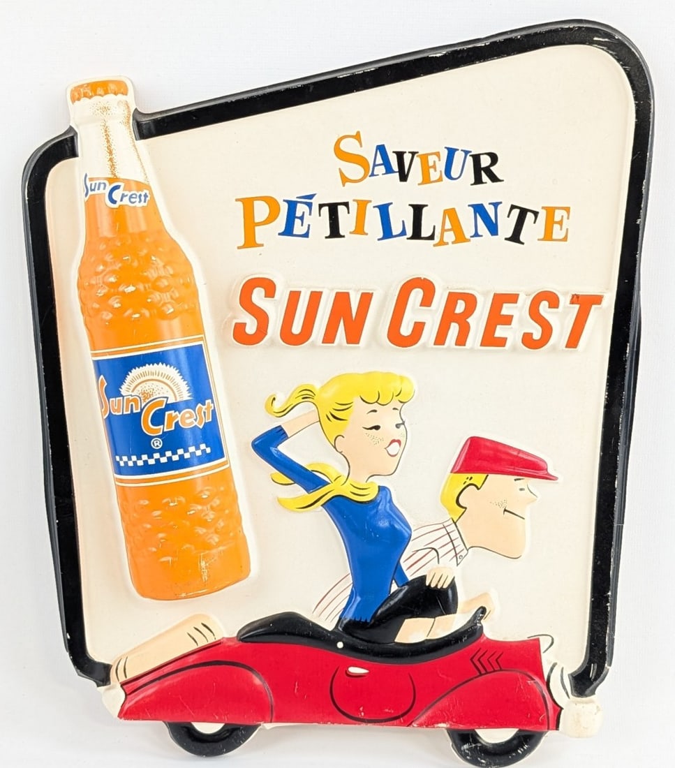 Vintage French Sun Crest Soda Pop Advertising Plastic Sign: Vintage French Sun Crest Soda Pop advertising embossed plastic sign. The sign has some cracks around the edges and a chip on the bottom left side rear bumper area of the car. Displays well with car, b