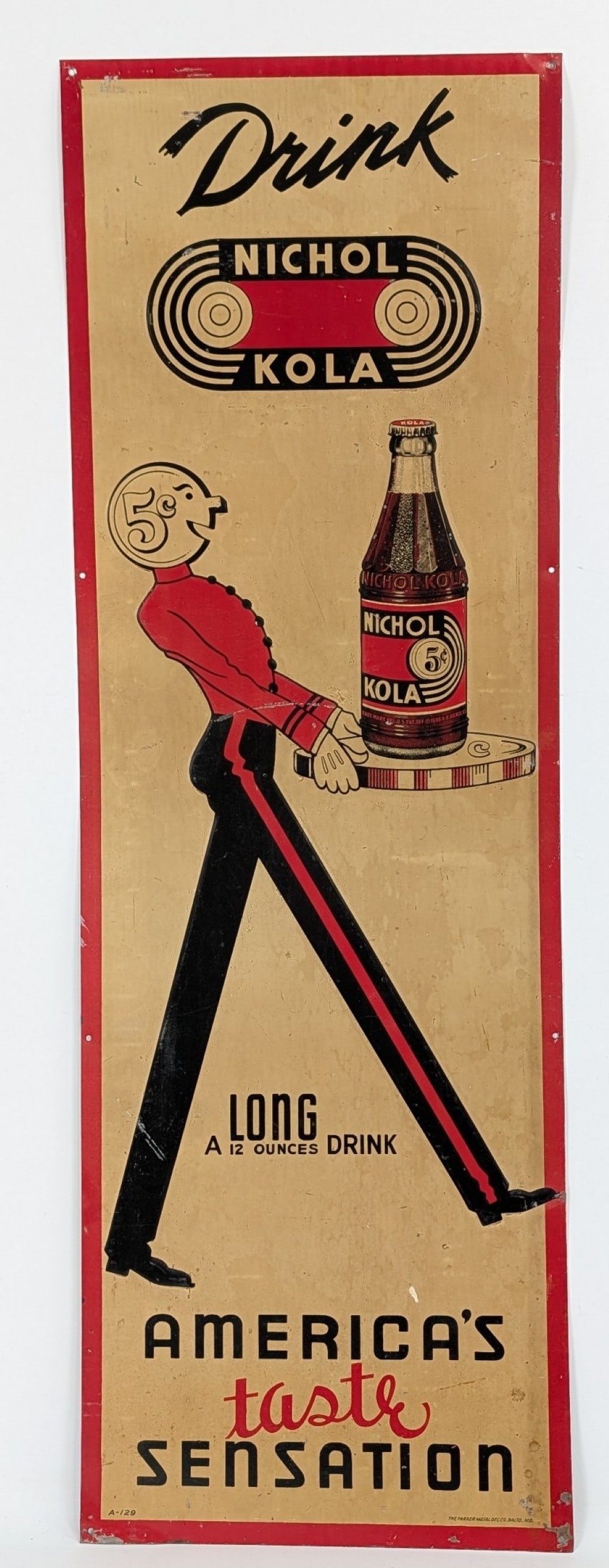 3ft Vintage SST Nichol Kola Embossed Advertising Sign: Vintage single sided embossed tin Nichol Kola advertising sign. Has discoloration, scratches, and wear form age. Displays well with great graphics and patina. It measures approximately 36in tall by 12